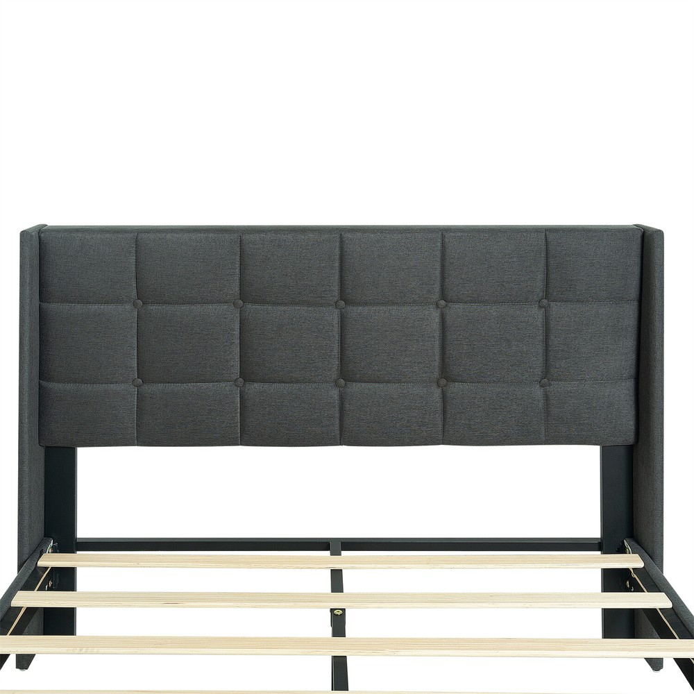 Queen Size Bed Frame Upholstered Platform Bed Frame w/ Headboard Drak Grey