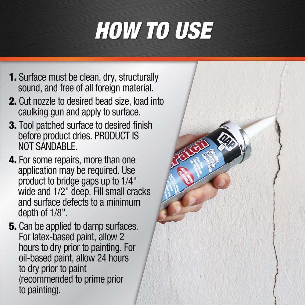 DAP ElastoPatch Smooth Flexible Patching Compound, White, 10.1 oz, White