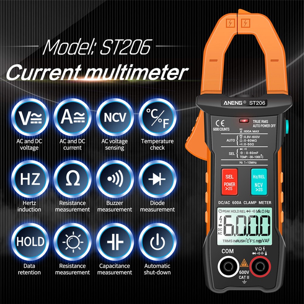 ST206 Digital Clamp Meter Auto Range Electrical Current Tester Measurement Tools