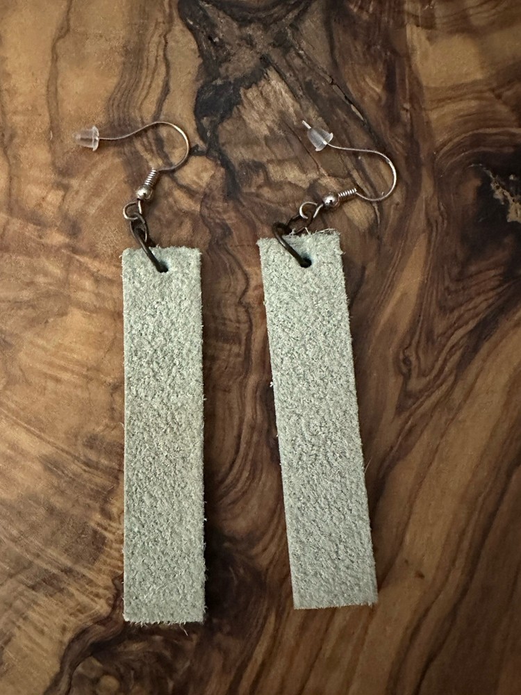 Gray & Gold Painted Bottom Leather Rectangle Dangle Hook Geometric Earrings