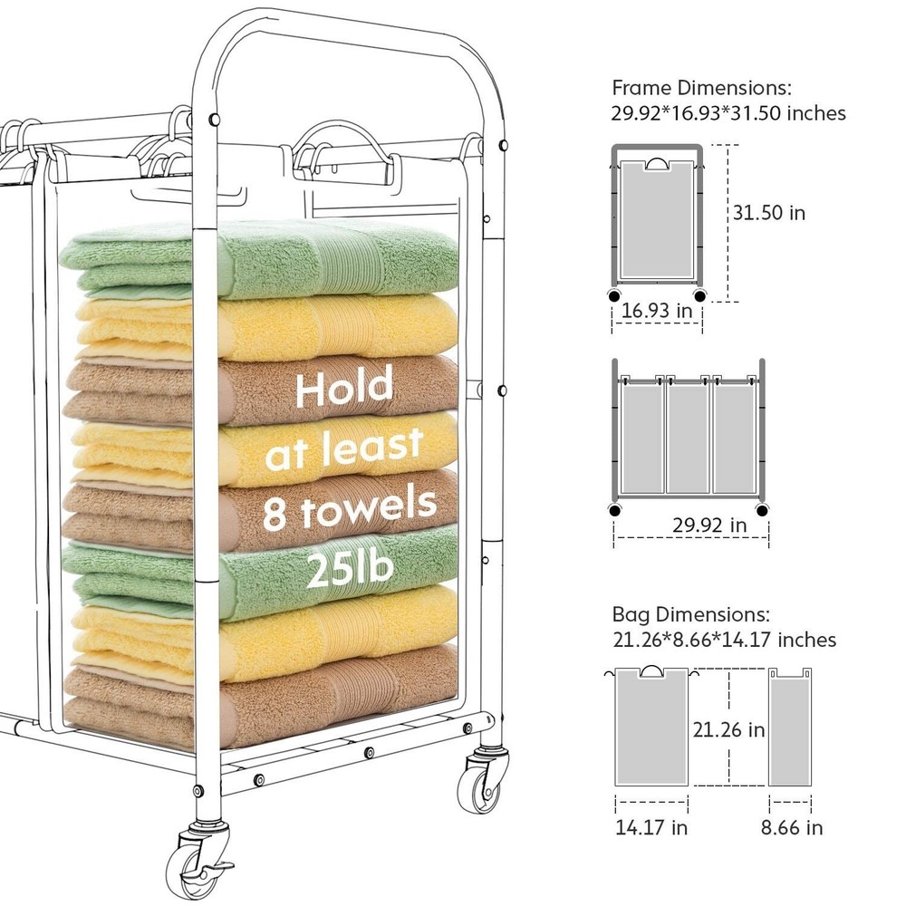 ROMOON Laundry Sorter, 3 Compartment Laundry Hamper with Heavy Duty Rolling L...