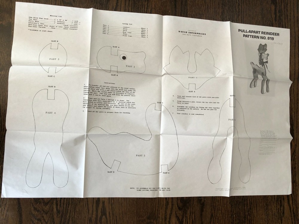 U-Bild Woodworking Project Instructions Pattern Pull-Apart Reindeer Plan No 819
