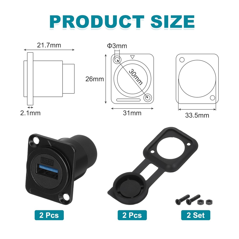 2Pcs USB 3.0 Panel Mount Coupler, D-Type USB Pass Through 5.0Gbps Black