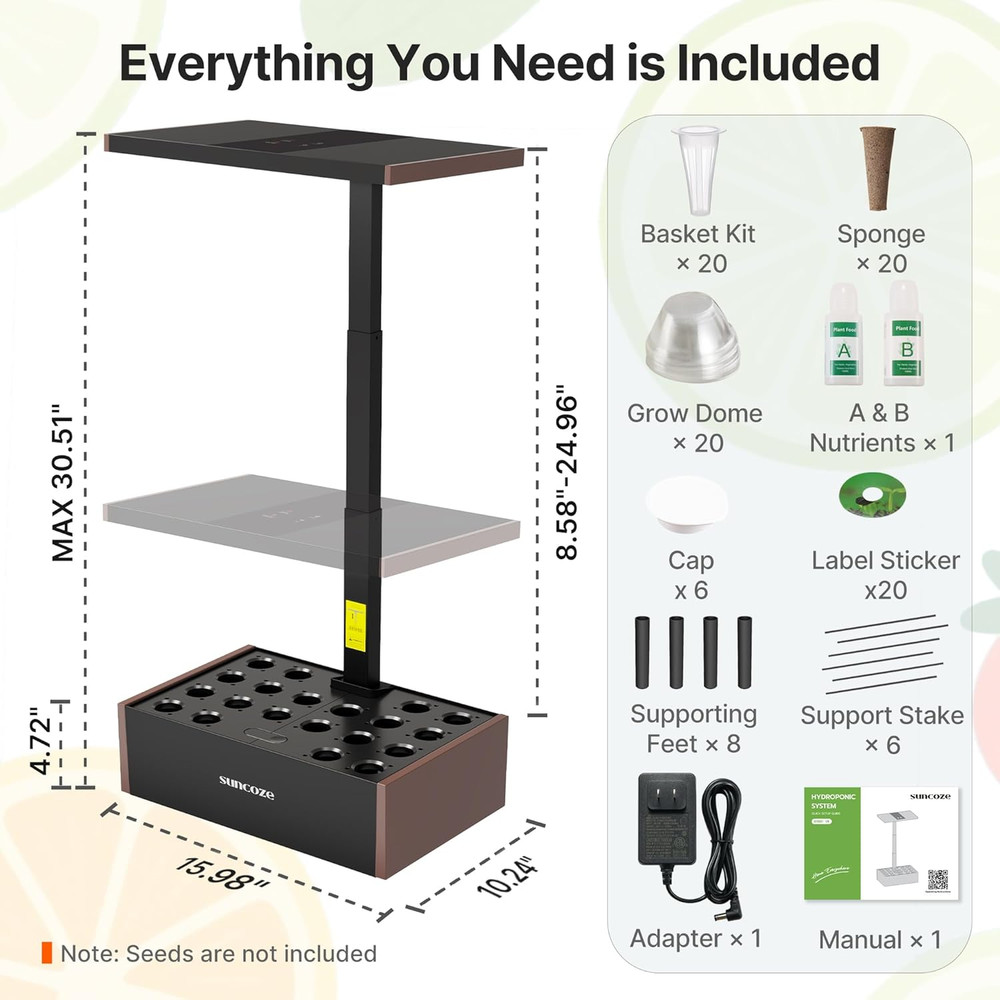 Indoor Hydroponics System Kit with 20 Pods, 30W LED Light & LCD Display
