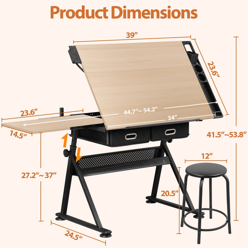 Adjustable Drafting Drawing Tiltable Table & Stool w/ 2 Drawers & Outlet Natural