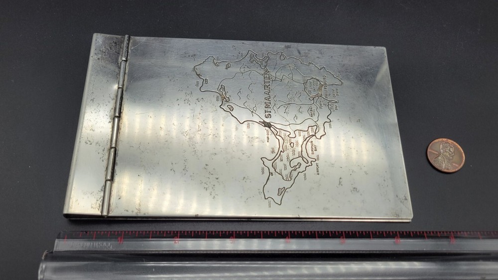 Danish Silverplate Notepad Holder w/ St. MAARTEN Map