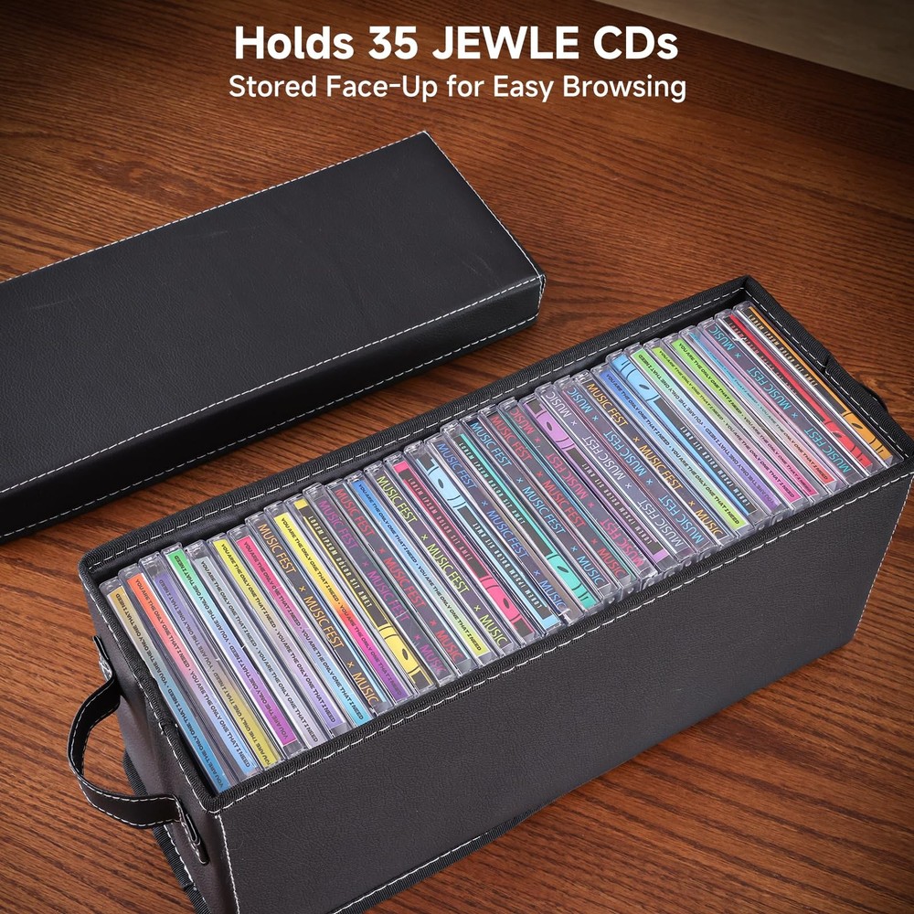 CD Storage Case with Lid & Handle Faux Leather Stackable with Label Slot 2Pk Blk