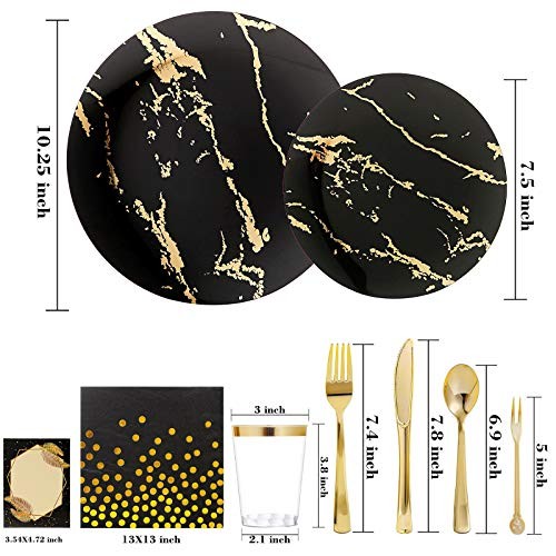 N9R 225pcs Gold Plastic Plates, Disposable Dinnerware Set Include 25 Black