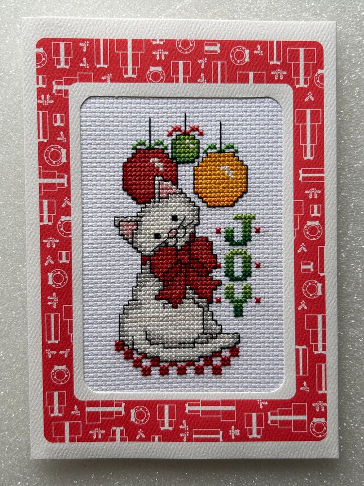 Completed Cross Stitch Card - Joy Kitty 5"x7"