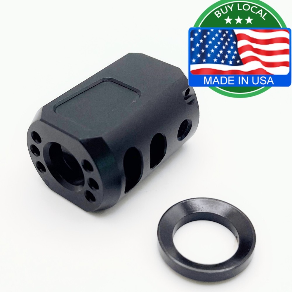 Top Flat 1/2×28 Thread Muzzle Brake Anodized For 9mm Glock Free Crush Washer