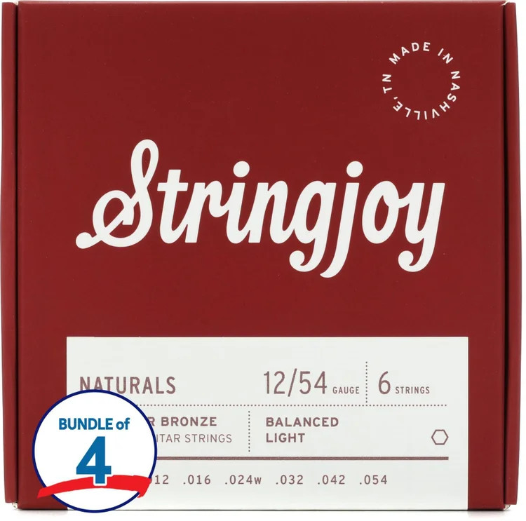 Stringjoy Naturals Phosphor Bronze Acoustic Guitar Strings (4 Pack) - Light