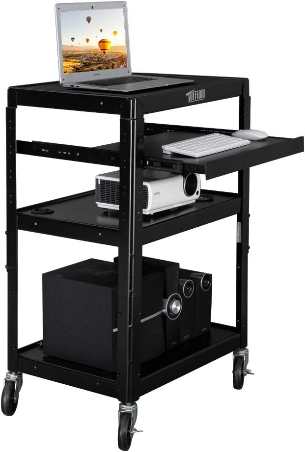 Height Adjustable AV Presentation Cart with Keyboard Tray & Locking Wheels Black