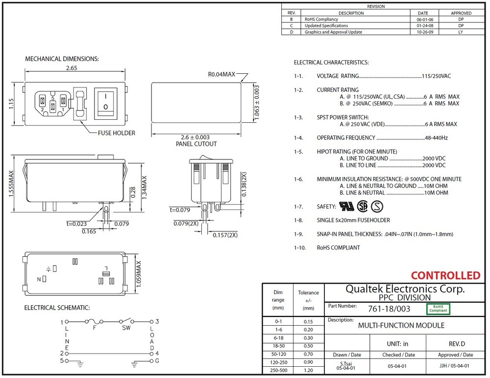 Qualtek IEC Power Jack Switch Input Module Fused Panel Mount IEC320 120v 250v 6A