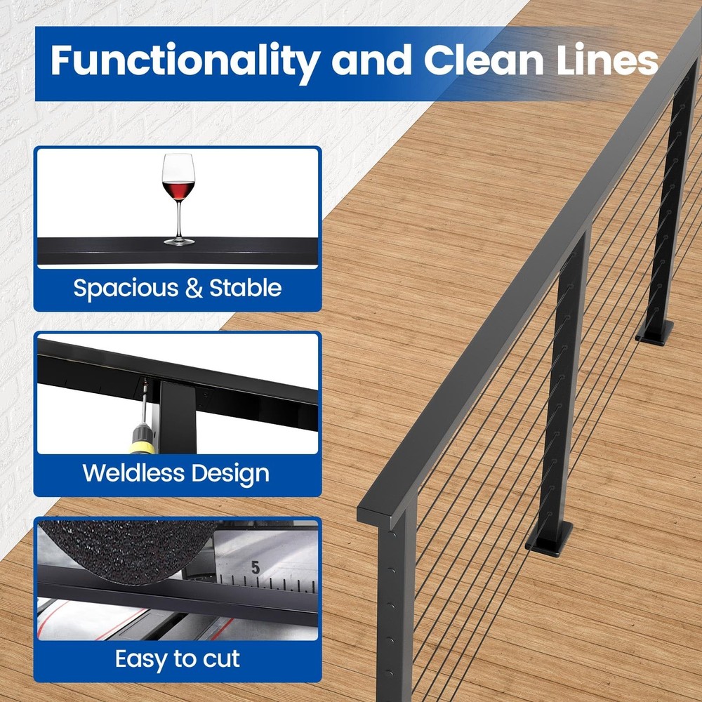 6'6"Black Cable Railing Handrail Rectangular Stainless Steel for System Top Deck