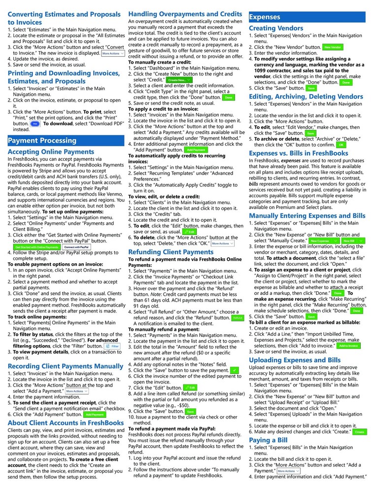 FreshBooks Accounting Training Guide Quick Reference Card 4 Page Cheat Sheet