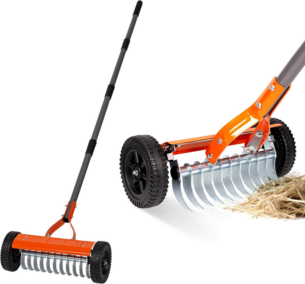 Heavy-Duty Dethatching Roller Rake with Adjustable Handle and Stainless Steel Bl