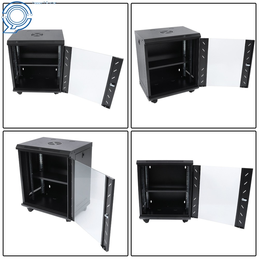 12U Enclosed Server Rack 15.5" Deep, Secure Lock Glass Front & Sides