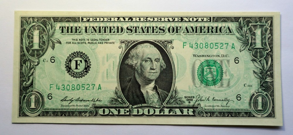 1969 B 1$ FRN BACK TO FACE OFFSET PRINTING ERROR UNCIRCULATED