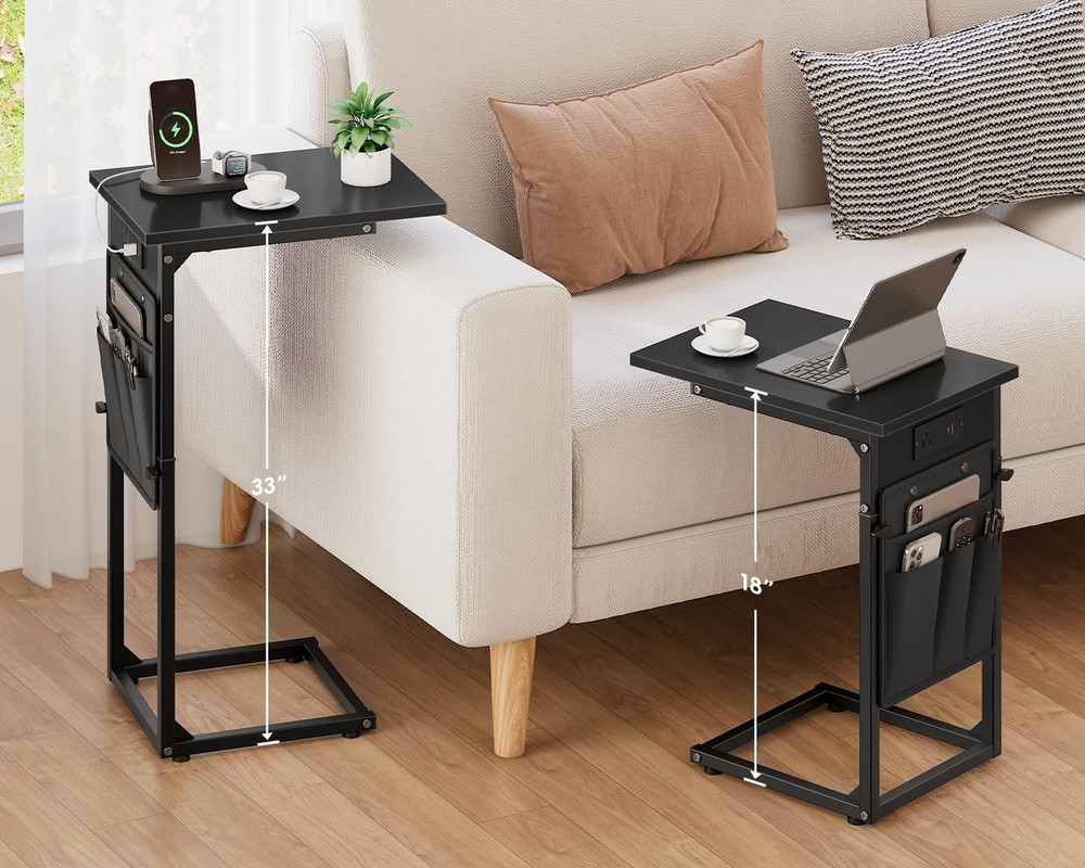 C Shaped End Table with Charging Station Adjustable Height Side Table for Sofa