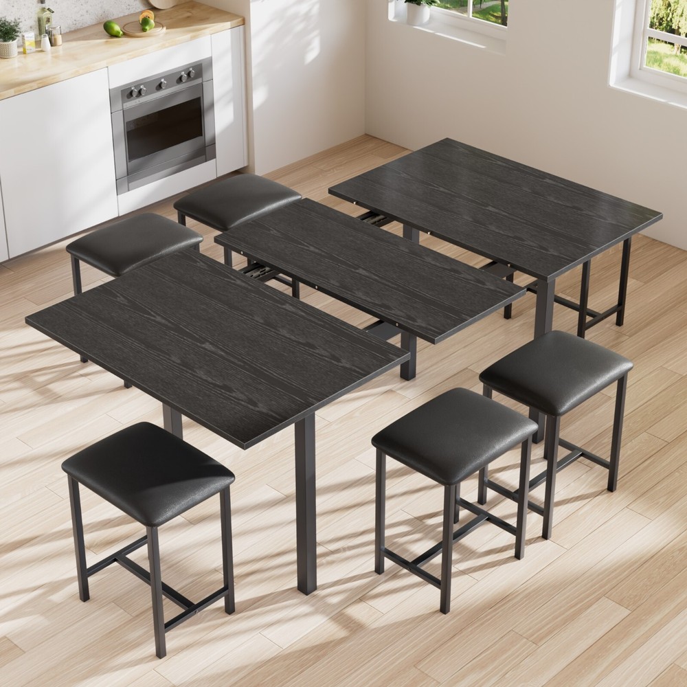 Extendable Dining Table Set with USB Charging, Kitchen Table with 6 Stools Black