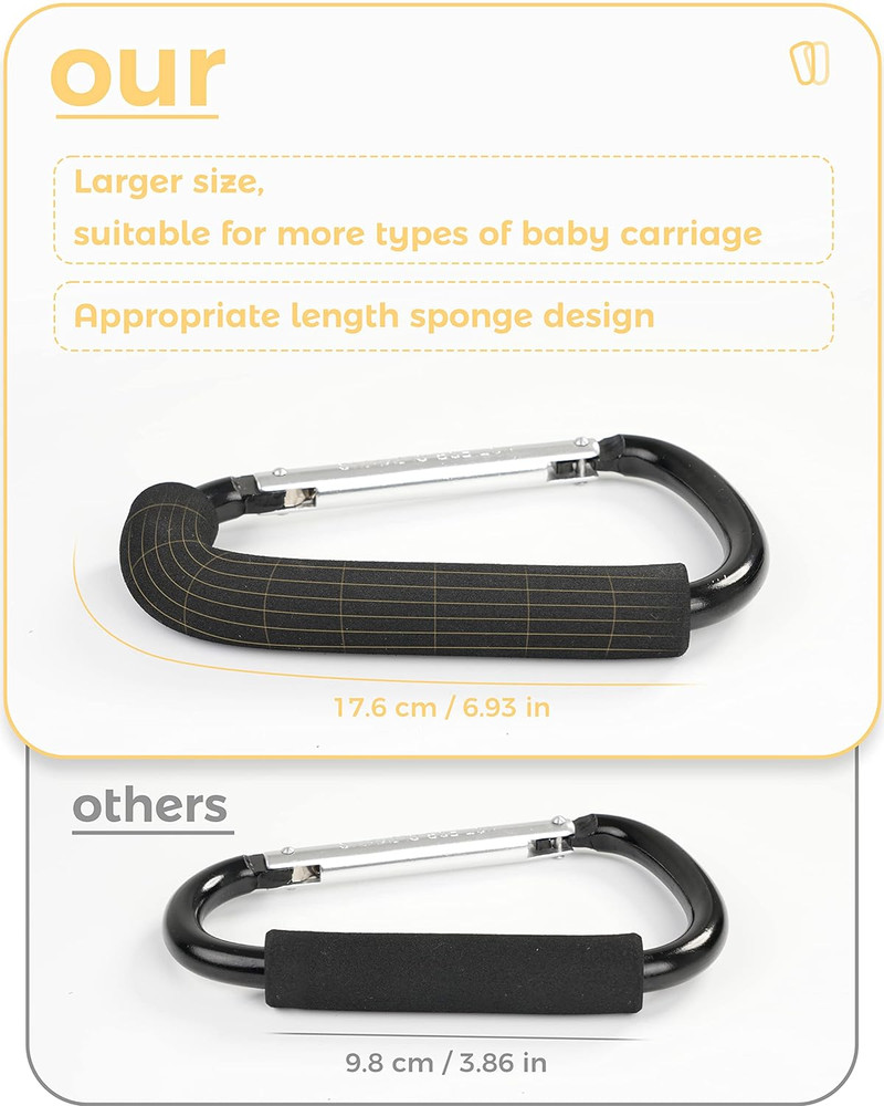 Stroller Hooks, 6.3" Large Stroller Clip, 2 Pack Stroller Hooks for Hanging Bags