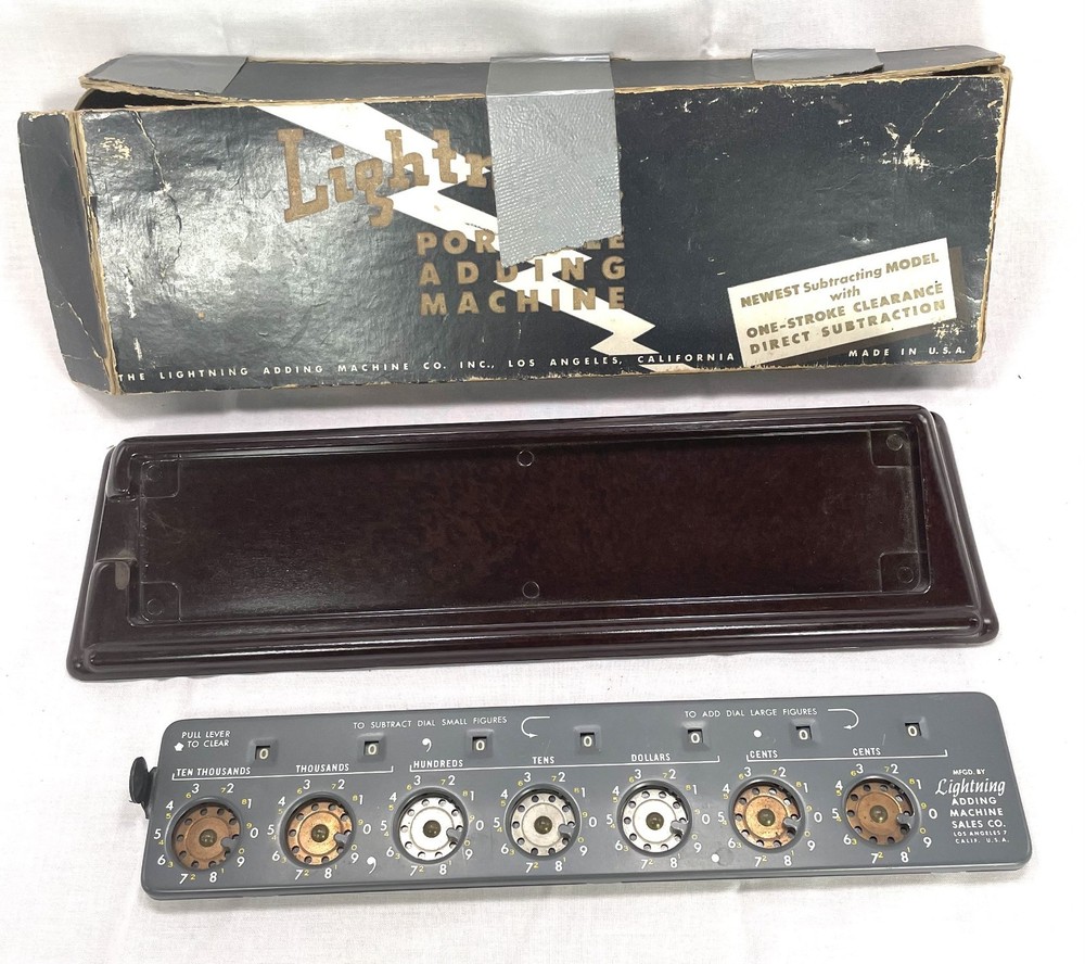 Vintage Lightning Adding Machine with Bakelite Stand and the box