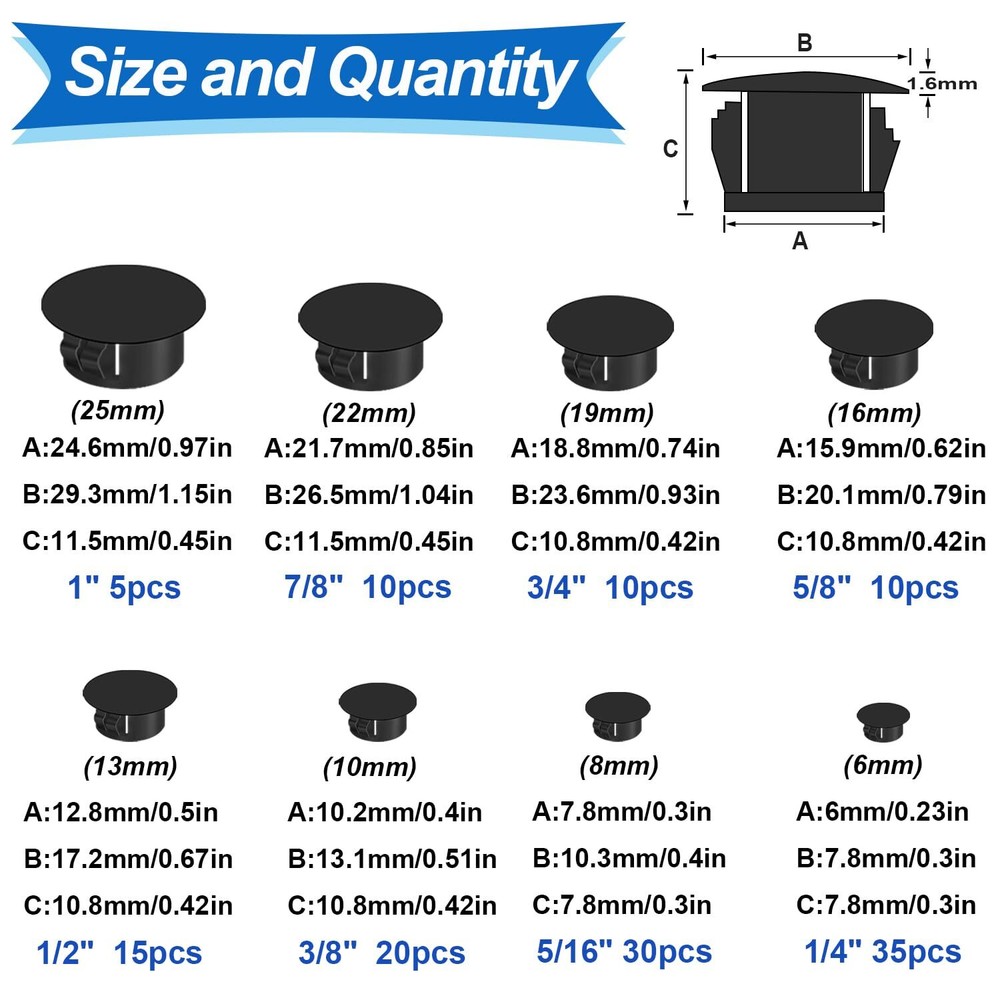 135Pcs 8 Sizes Nylon Plastic Hole Plugs Black Round Drill Hole, Flush Type Panel
