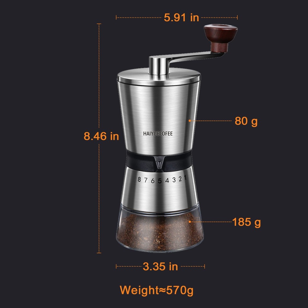 Manual Coffee Grinder with 8 Adjustable Coarseness Settings Hand Crank Mill