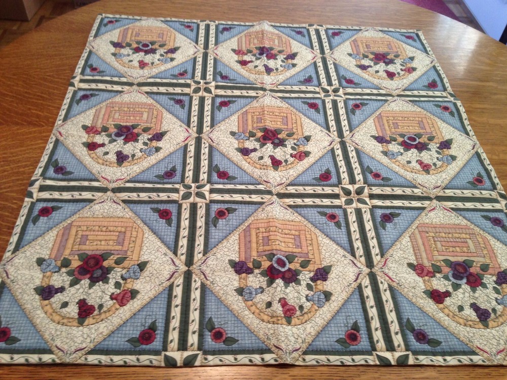 Table Topper Runner Hand Quilted Flower Basket Print Pattern 34x32"