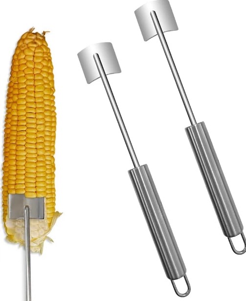 2PC Corn Peeler Stainless Steel Corn Cob Stripping Tool w/ Hook Long Handle Corn