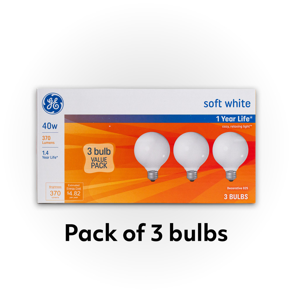 GE 40W G25 Soft White Globe Light Bulbs Vanity Medium Base 3 Pack