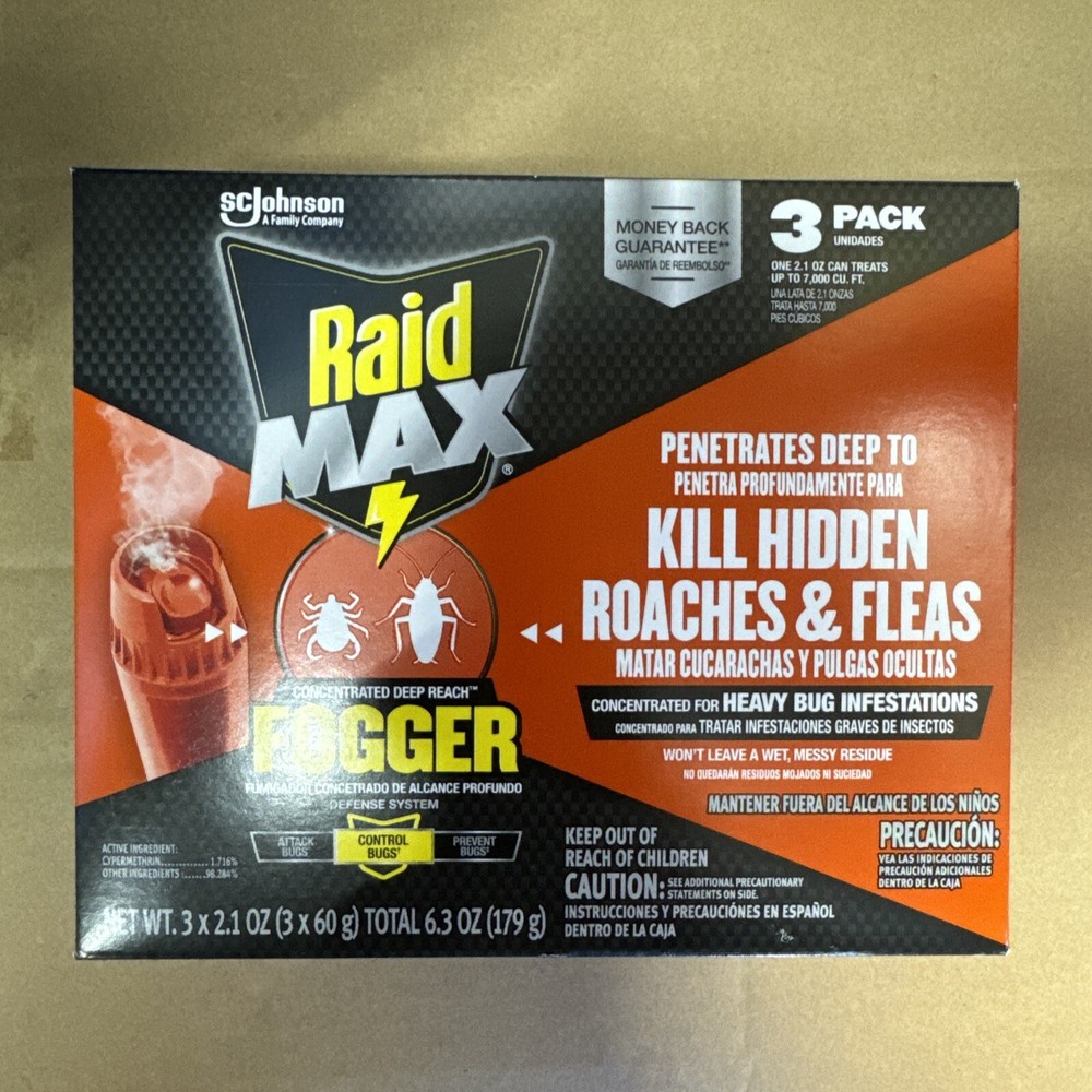 RAID MAX CONCENTRATED DEEP REACH FOGGER Kills Roaches & Fleas - 3 Pack