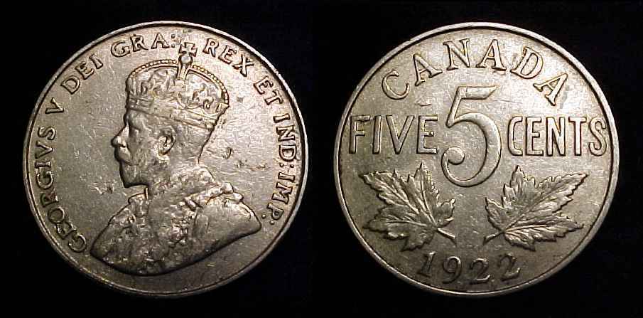 CANADA 1922 Far Rim Five Cents VF