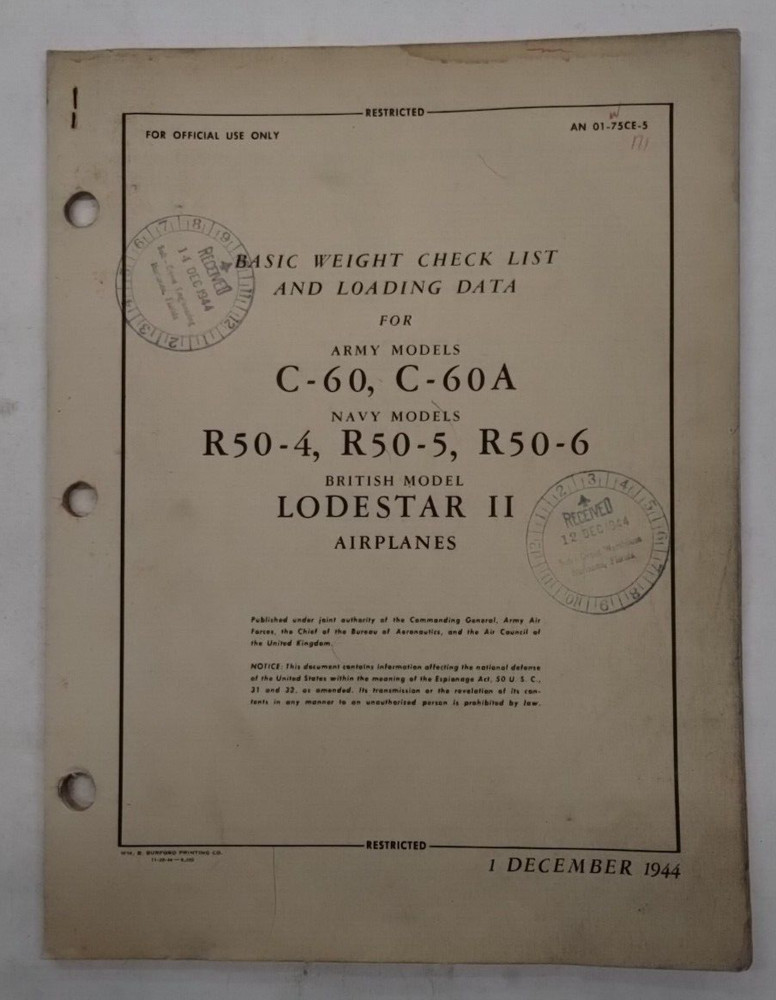 Lockheed C-60/C-60A/R50-4/5/6/ Lodestar II Basic Weight Checklist Loading Data