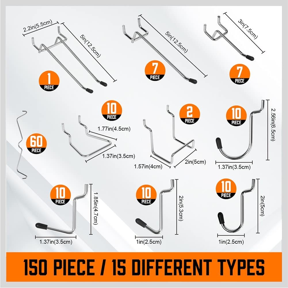 150 PCS Pegboard Hooks Assortment Kit – 15 Types Heavy Duty Pegboard with Bin...