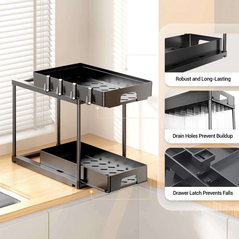 TidyLamu 2 Pack Double Sliding Under Sink Organizers 2 Tier Black