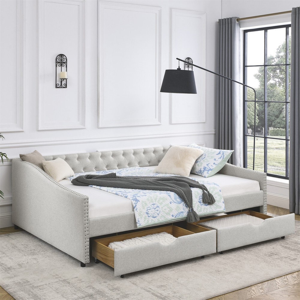 Queen Size Daybed with 2 Storage Drawers Upholstered Bed Frame Sofa Bed US