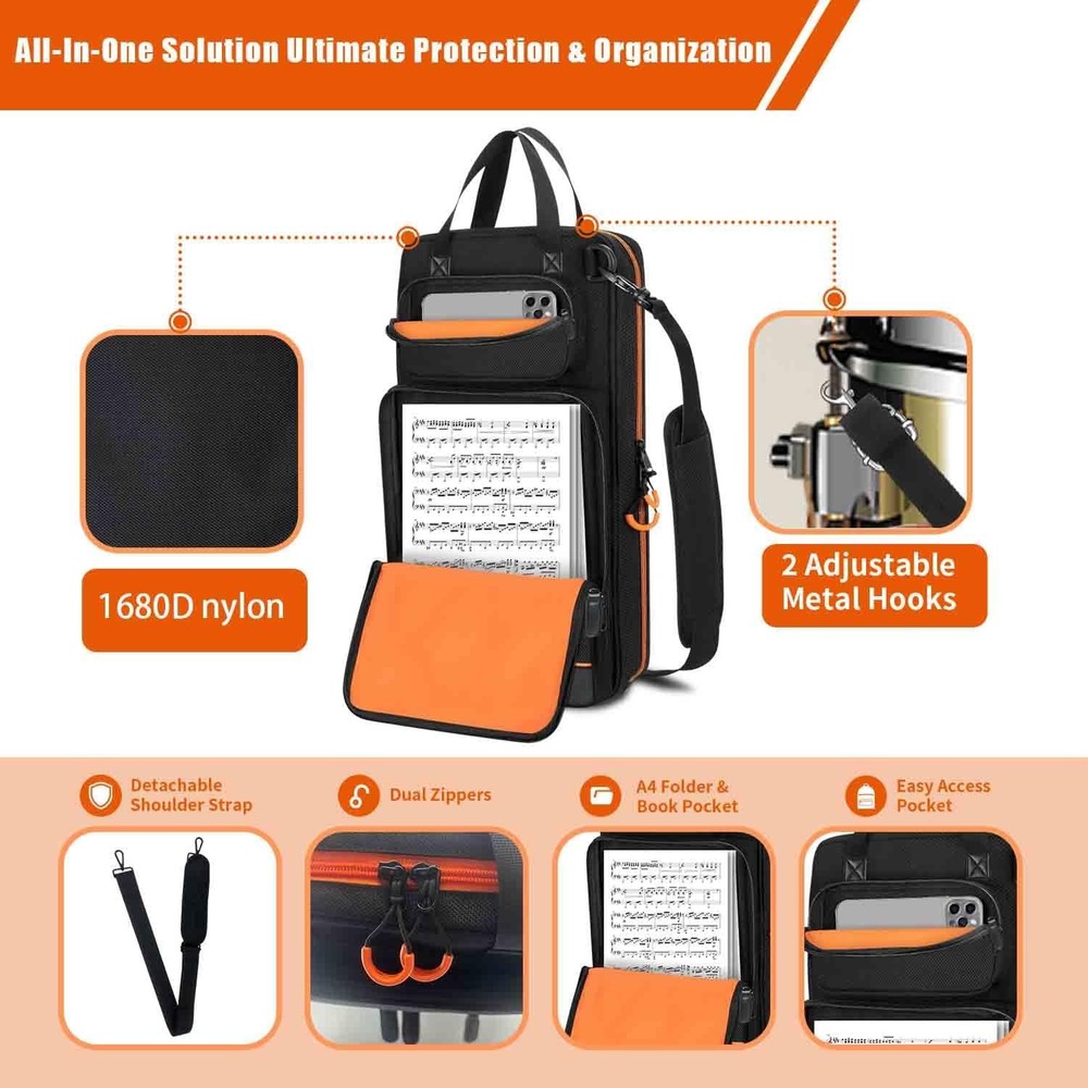 Large Capacity Drum Stick Bag with Hook & Adjustable Strap for Percussion