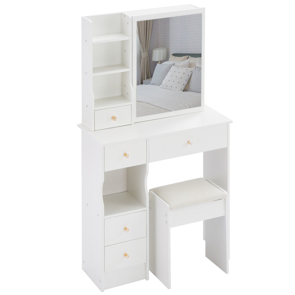 29.2" Small Space Left Drawer Desktop Vanity Table + Cushioned Stool, Extra La