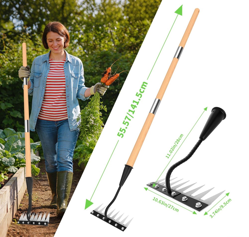 ATLRGISL Iron Weed Rake with Wooden Long Handle 2.0, 8 Teeth Weed Puller Tool...