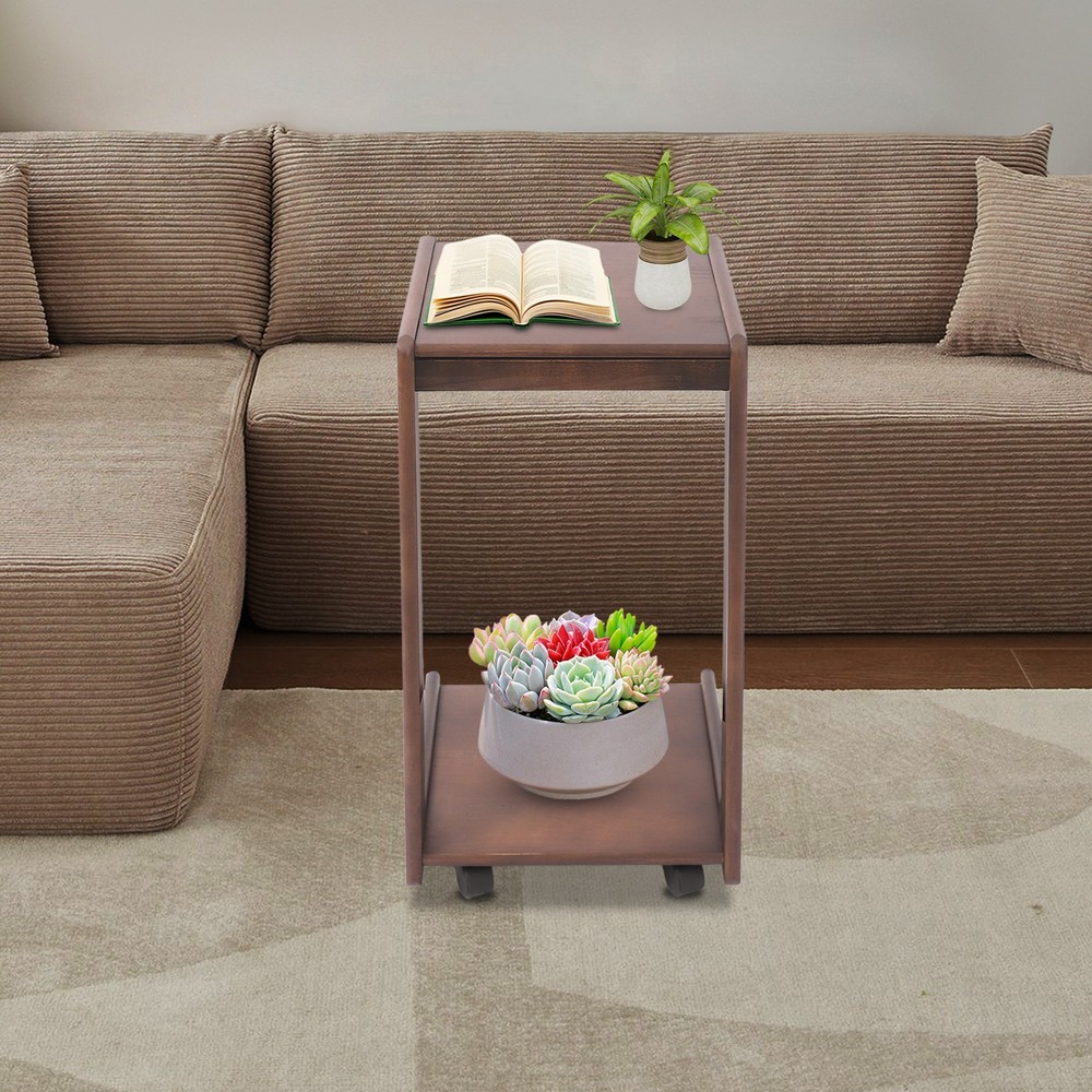 2-tierd Solid Wood Bedside C-shaped Side Table W/ Drawer & Lockable Wheels