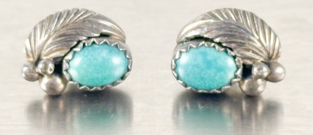 Post Native American Signed “K” Sterling Turquoise Earrings Feather Stud