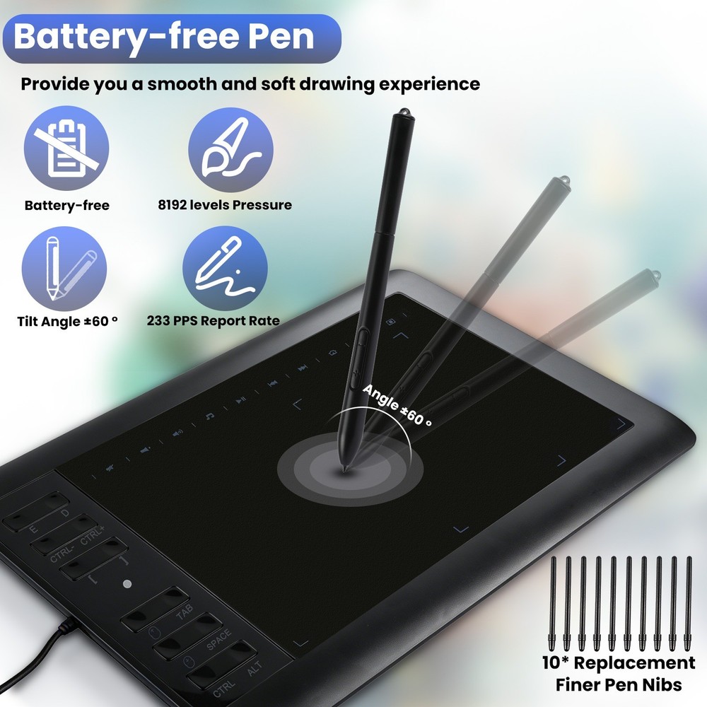 Drawing Tablet Large Area Graphics for Windows/Android/Mac+60°Tilt-Sensitive Pen