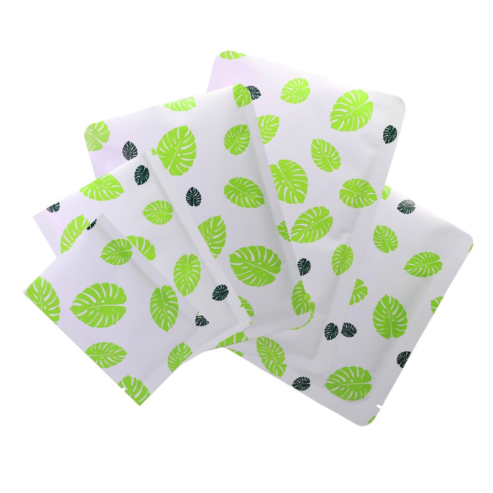 Flat Matte Green Leaf Patterned Design Open-Top Heat-Sealable Packaging Pouches