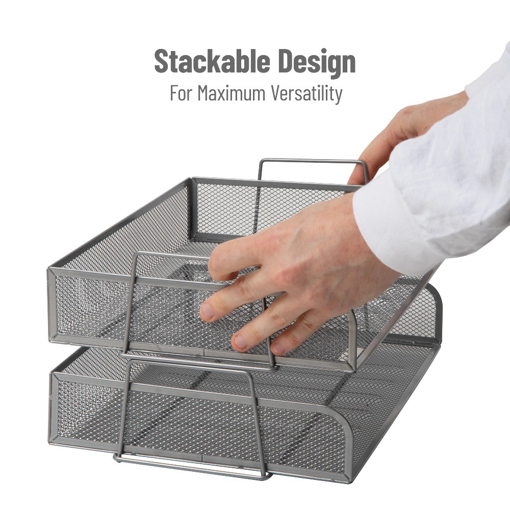 Stackable Paper Tray, Desktop Organizer, Storage, Office, Metal, 2 Pcs., Silver