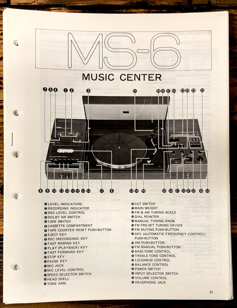 Yamaha MS-6 Stereo Adjustments Schematic Specs Manual *Original*