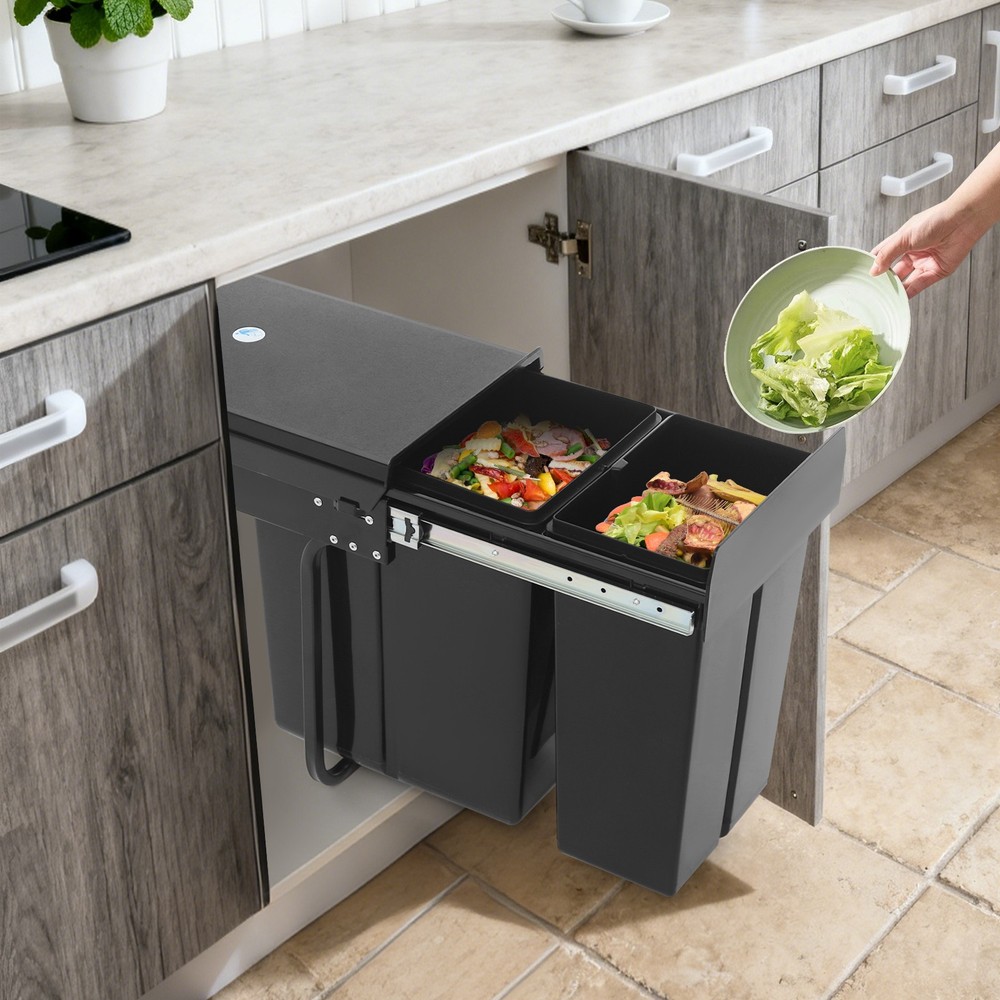 Kitchen Pull Out Under Cabinet Trash Can Garbage Can with Two Buckets(10L + 20L)