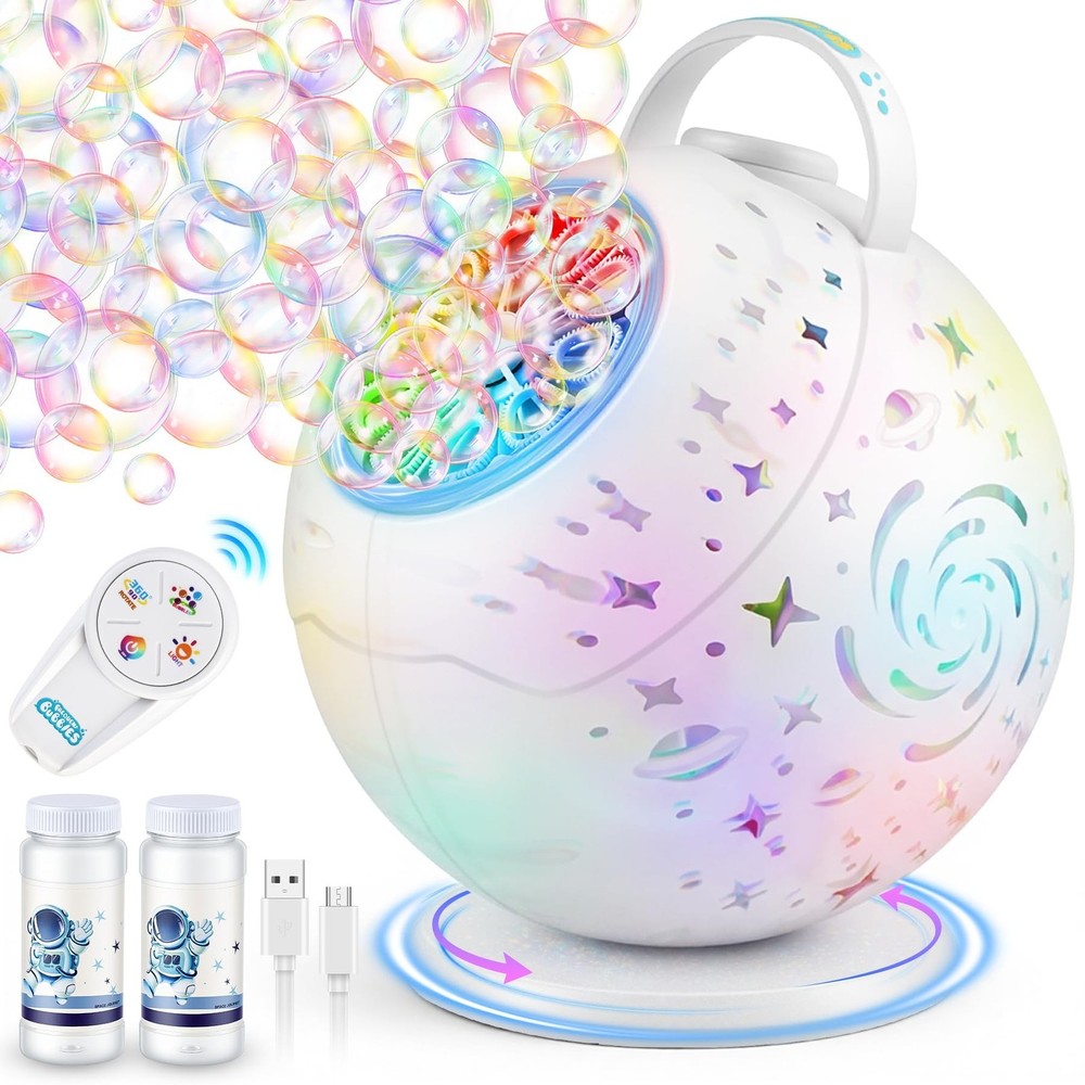 Bubble Machine with Remote Control, 360° Automatic Rotation & 7 RGB Lights