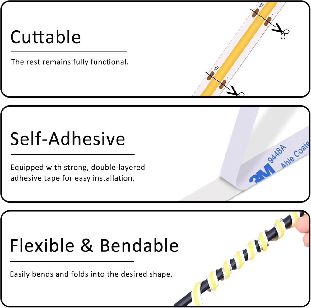 Energy Efficient 320 LED COB Strip Light - 3.28FT White USB Lighting Solution
