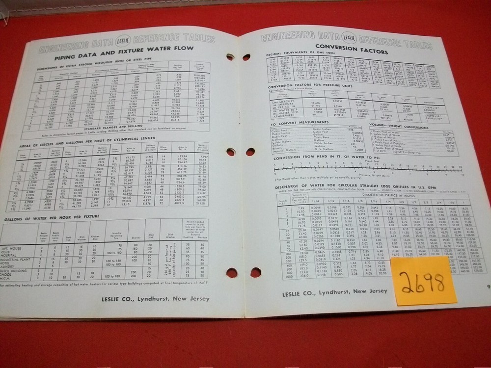COLLECT VINTAGE LESLIE CO. ENGINEERING DATA-REFERENCE TABLES INFORMATION BOOKLET